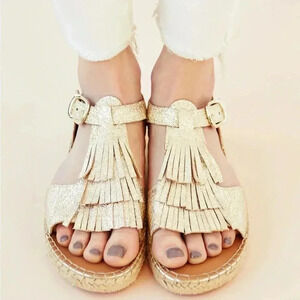 Anthropologie maypol kiltie fringed espadrille sandals 37 metallic gold 6.5